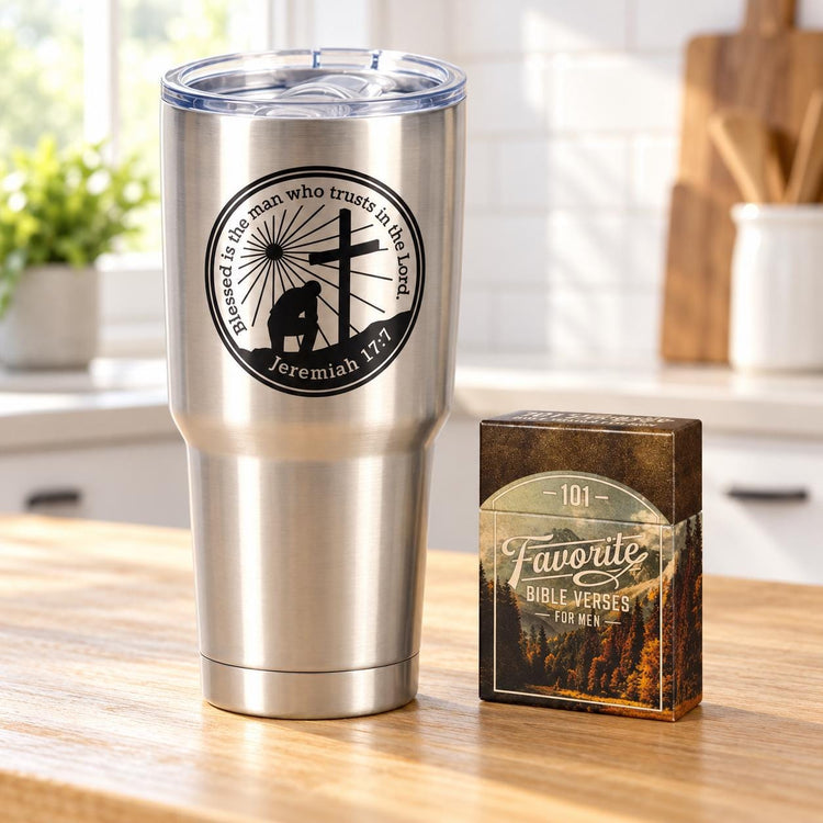 Man of God 30 oz Stainless Steel Tumbler Gift Set, Jeremiah 17:7, Christian Gift for Dad, Husband or Pastor