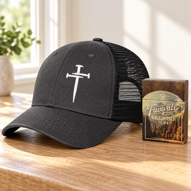 Christian Gift Set: Nail Cross Trucker Hat & Bible Verses for Men (Charcoal or Navy)