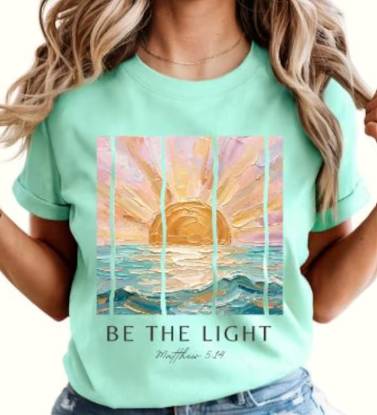 Mint Be The Light Matthew 5:14 sunrise beach tee