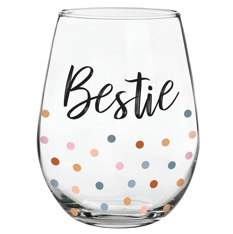 Bestie Stemless Wine Glass, Pastel Polka Dot Design, Friendship Gift