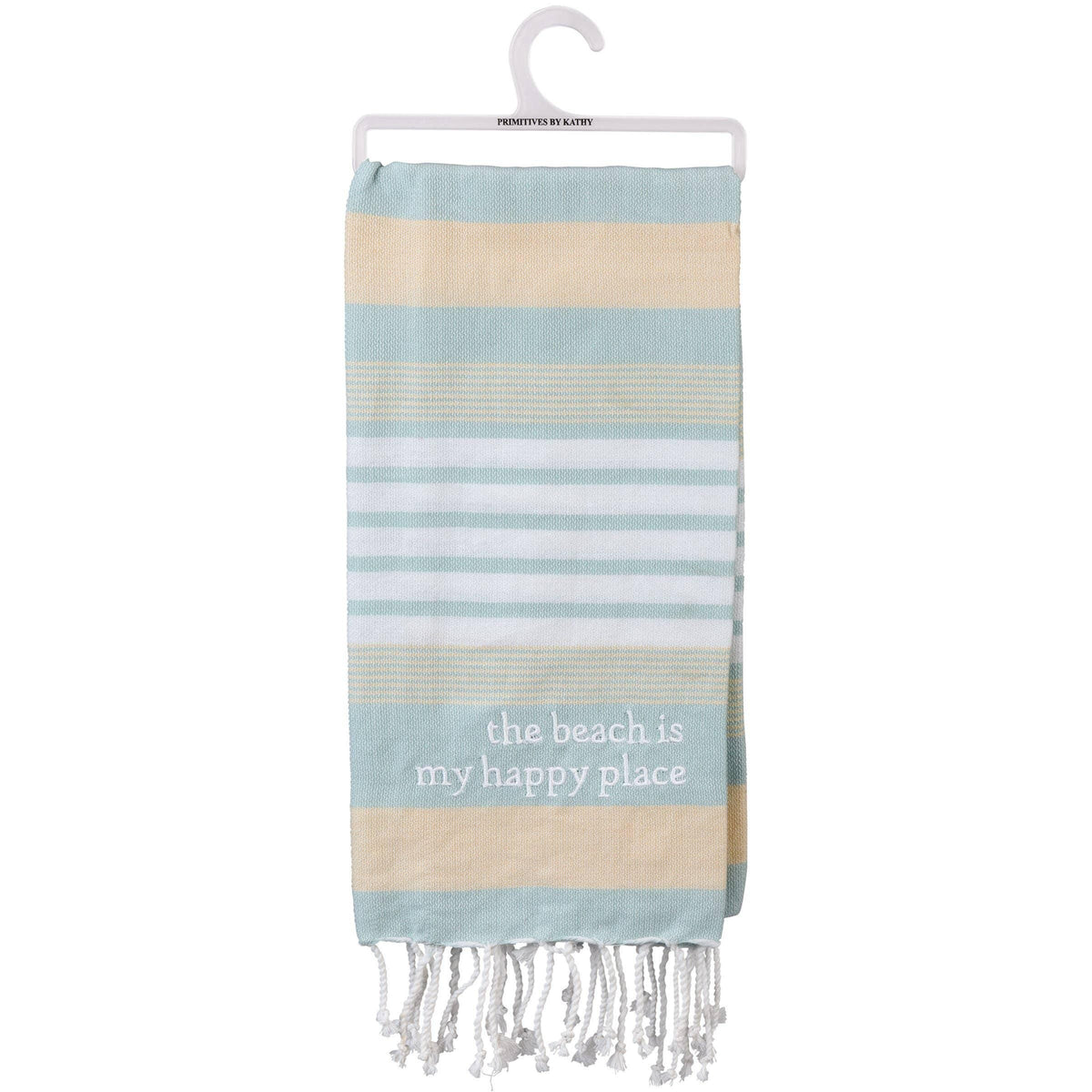 Embroidered Beach Happy Place Kitchen Towel, Striped Cotton Dish Towel