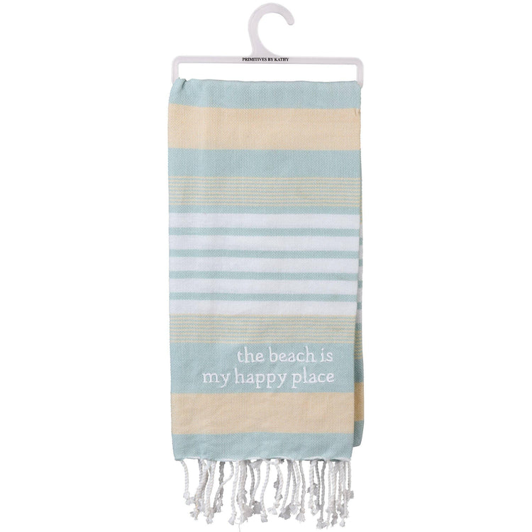Embroidered Beach Happy Place Kitchen Towel, Striped Cotton Dish Towel