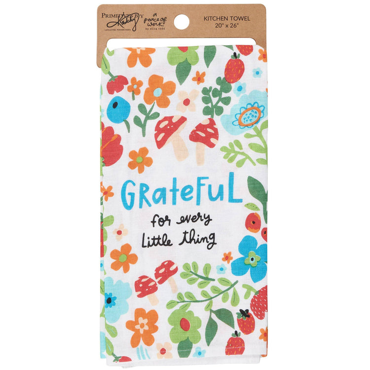 Grateful Kitchen Towel, Floral Mushroom Dish Towel, Inspirational Quote Home Decor, Colorful Botanical Gift