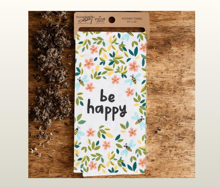 Floral Bee Kitchen Towel, Inspirational "Be Happy" Dish Towel, Cotton Linen Blend Home Decor