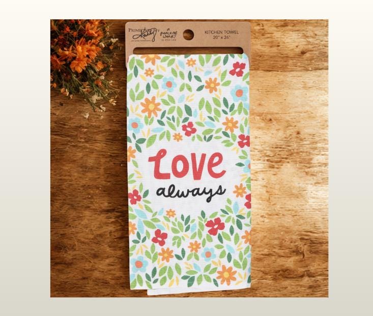 Love Always Floral Kitchen Towel, Cotton Linen Blend Hostess Gift