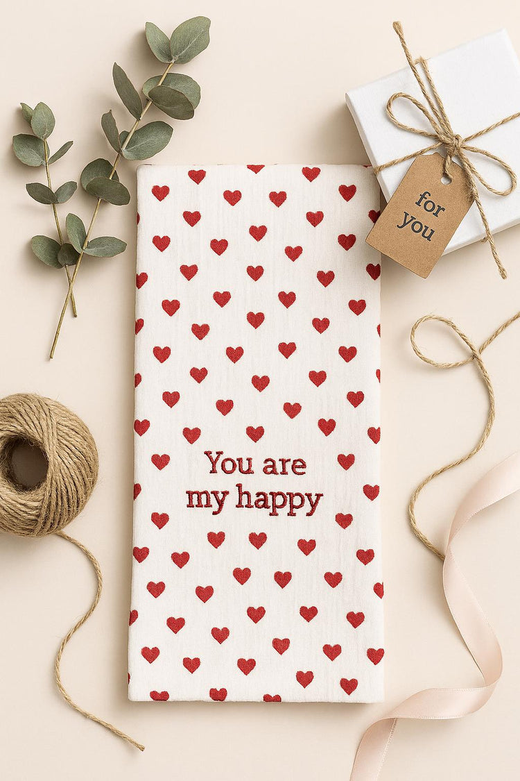 Embroidered Heart Kitchen Towel, "You Are My Happy" Quote, Romantic Valentine's Gift