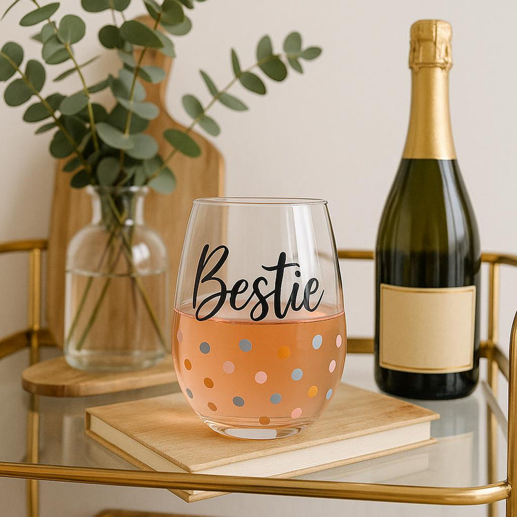 Bestie Stemless Wine Glass, Pastel Polka Dot Design, Friendship Gift