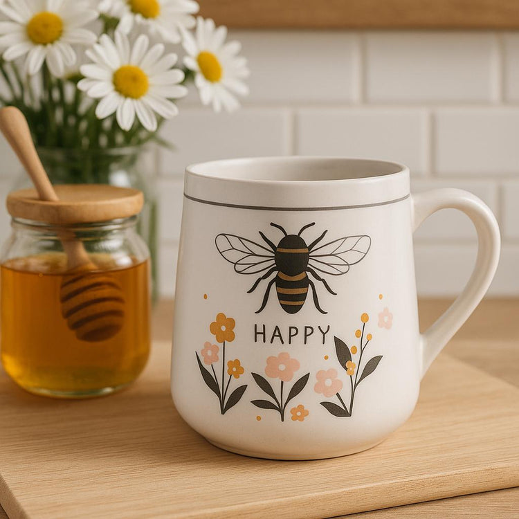 Bee Happy Floral Mug, New Bone China Drinkware, Whimsical Animal Design