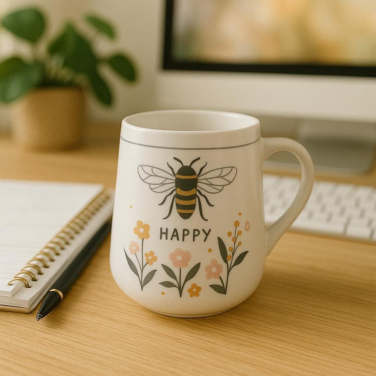 Bee Happy Floral Mug, New Bone China Drinkware, Whimsical Animal Design