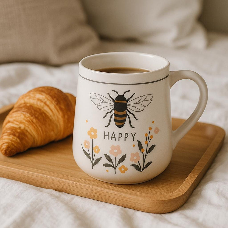 Bee Happy Floral Mug, New Bone China Drinkware, Whimsical Animal Design
