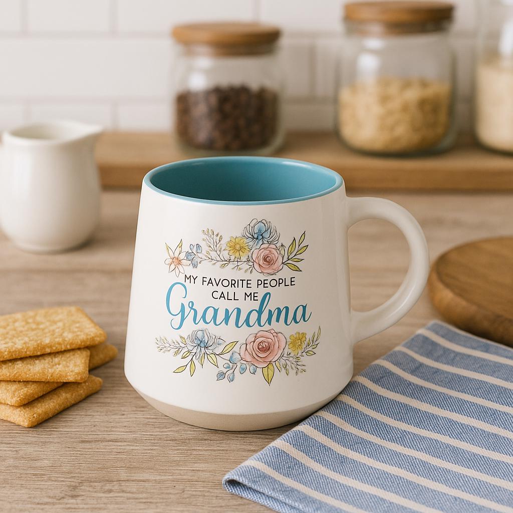 Floral Grandma Mug, Teal Interior, Pastel Flowers, Gift for Grandmother