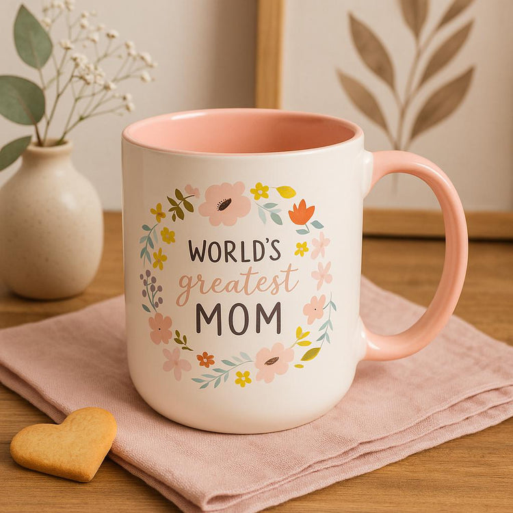 World's Greatest Mom Mug: Floral Wreath, Pink Interior (15 oz)