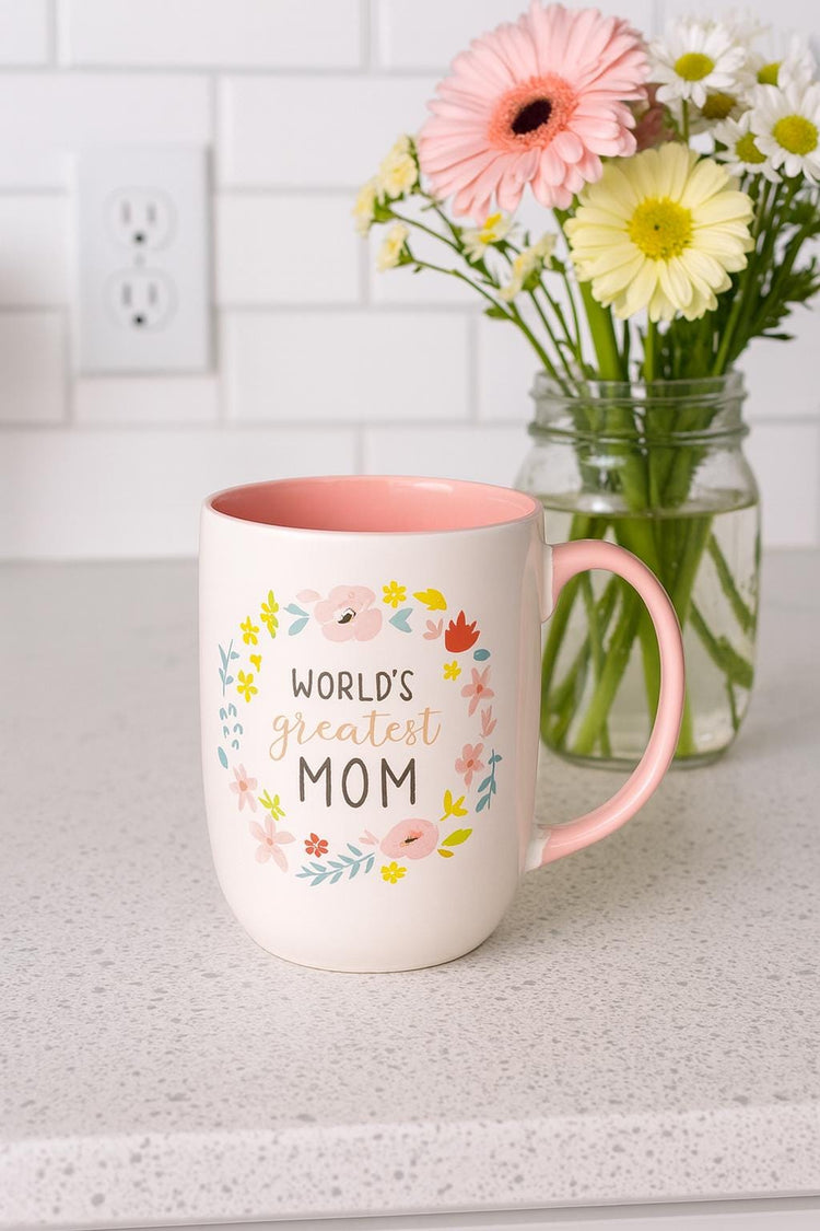 World's Greatest Mom Mug: Floral Wreath, Pink Interior (15 oz)