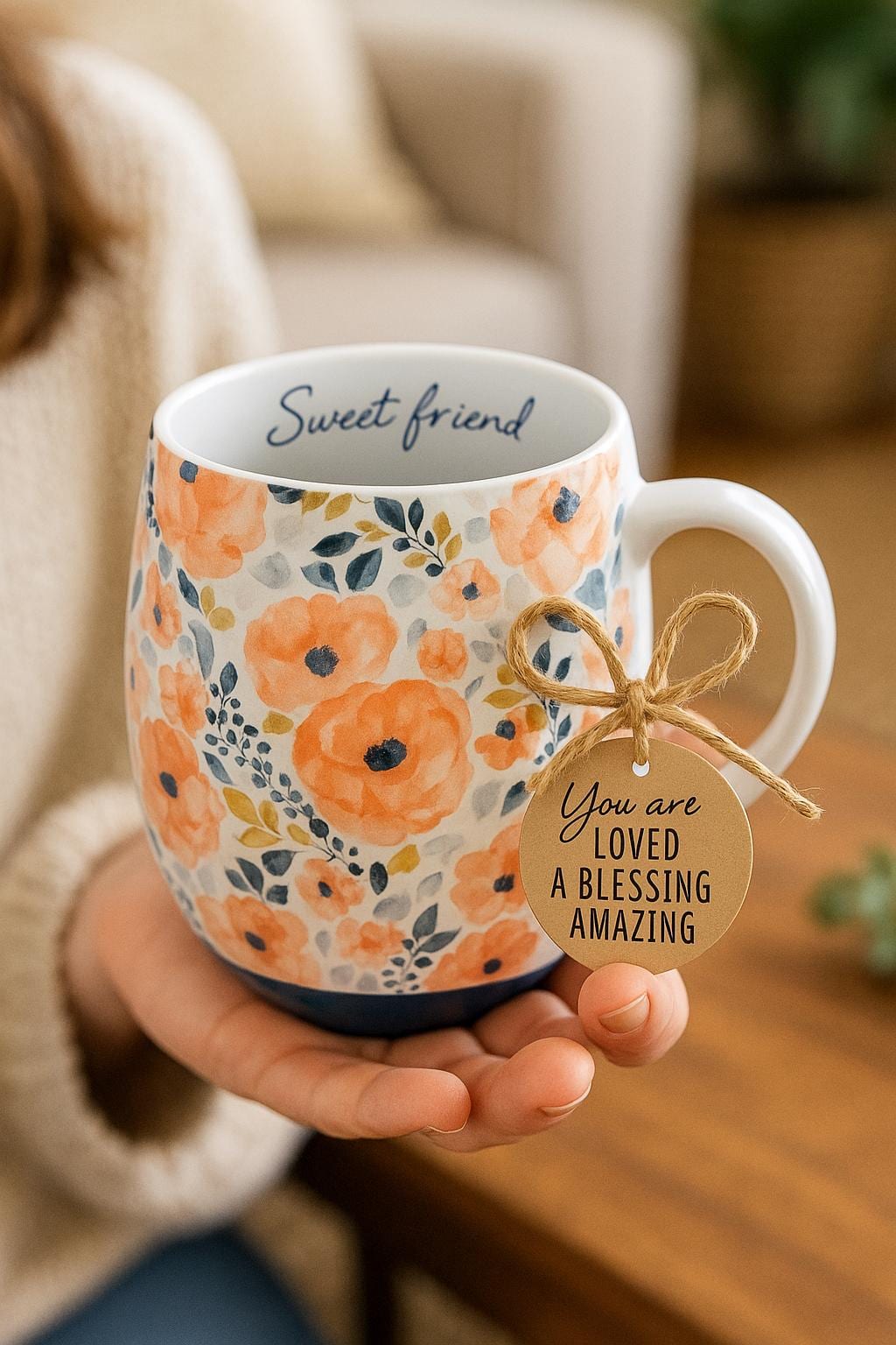 Sweet Friend Watercolor Floral Mug, Proverbs 27:9 Christian Gift for Friend, 18oz Ceramic Cup