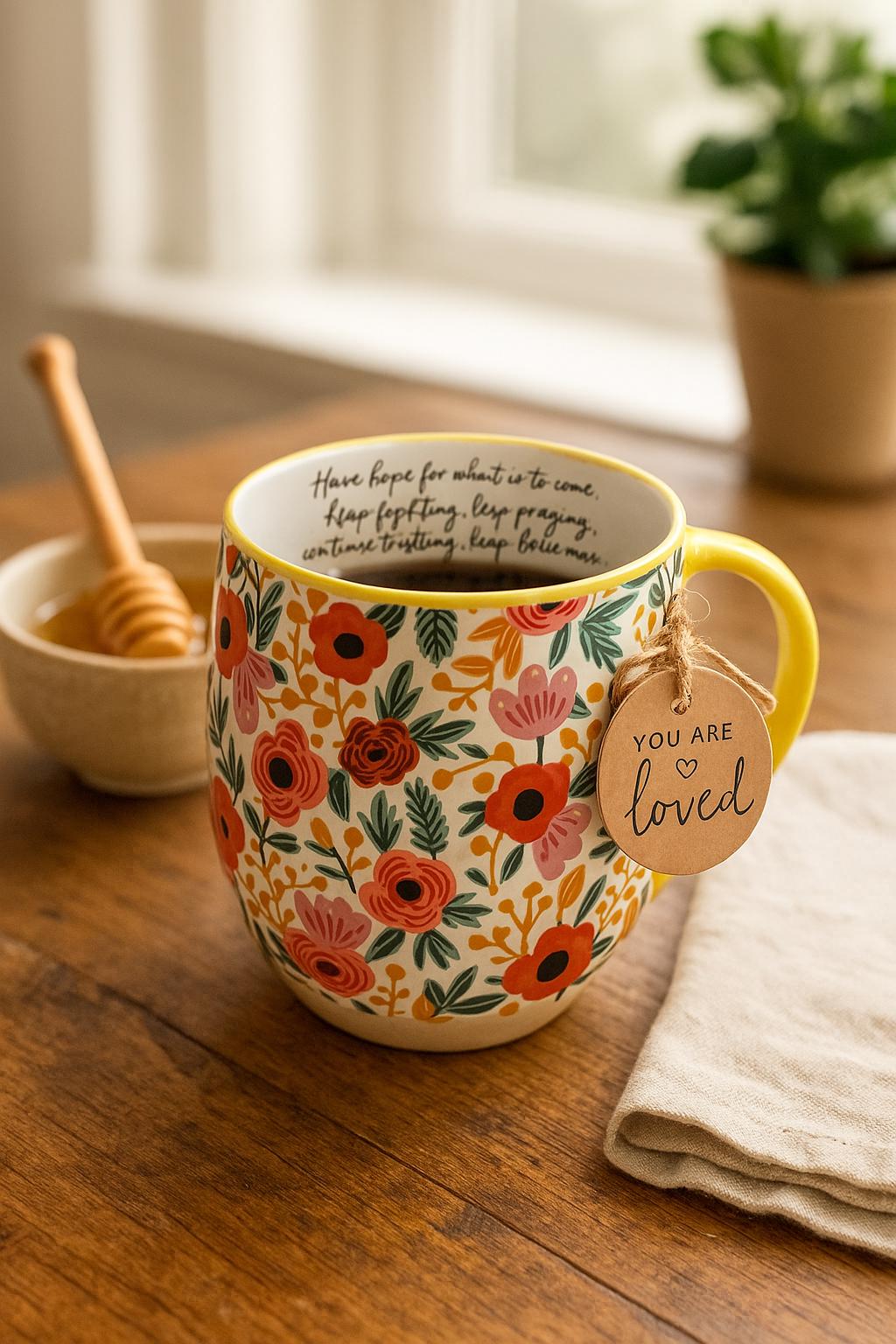 Blooming Joy Mug Have Hope, Floral Ceramic Mug, Coffee Cup for Her, Inspirational Message, Flower Pattern, Gift for Loved Ones