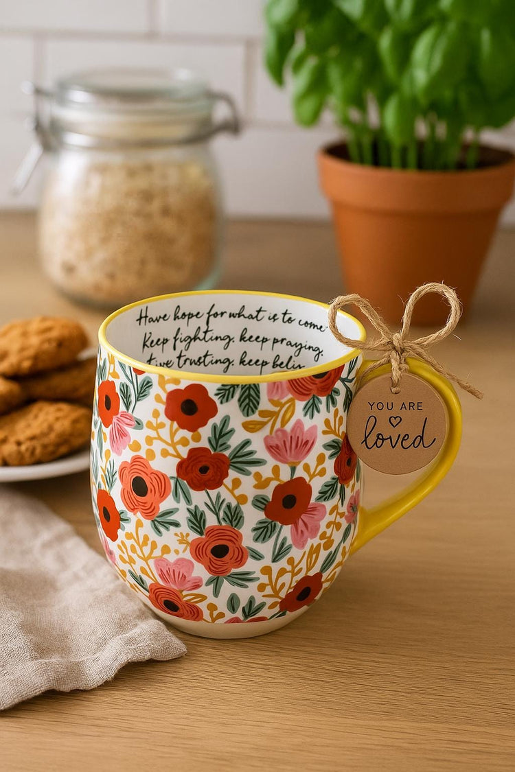 Blooming Joy Mug Have Hope, Floral Ceramic Mug, Coffee Cup for Her, Inspirational Message, Flower Pattern, Gift for Loved Ones