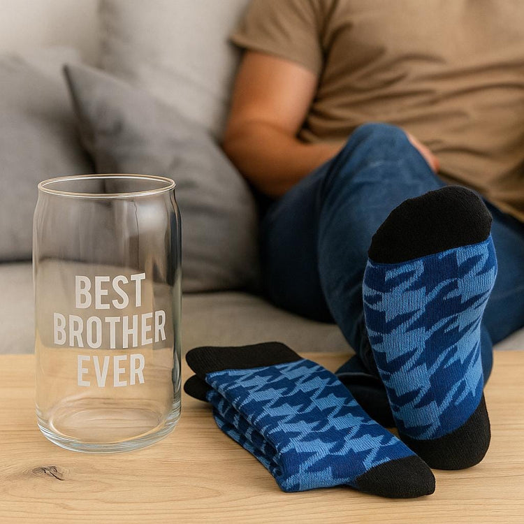 Brother Ever Beer Glass and Houndstooth Sock Set