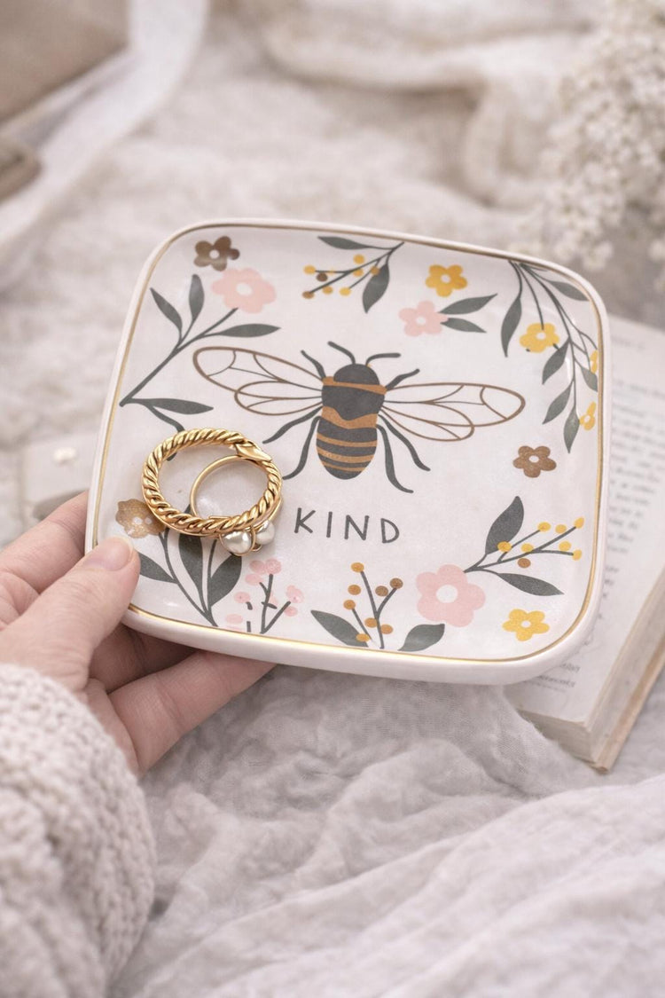 Bee Kind Ceramic Trinket Tray, Floral Bee Jewelry Organizer