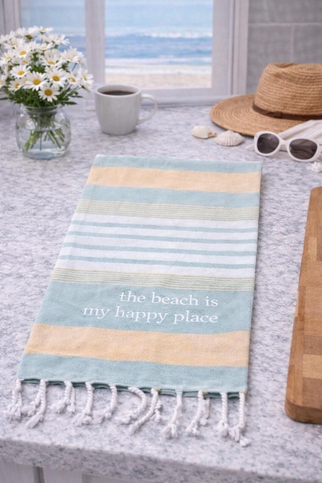 Embroidered Beach Happy Place Kitchen Towel, Striped Cotton Dish Towel