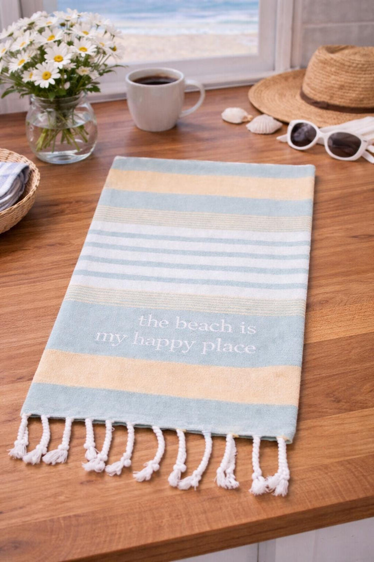 Embroidered Beach Happy Place Kitchen Towel, Striped Cotton Dish Towel
