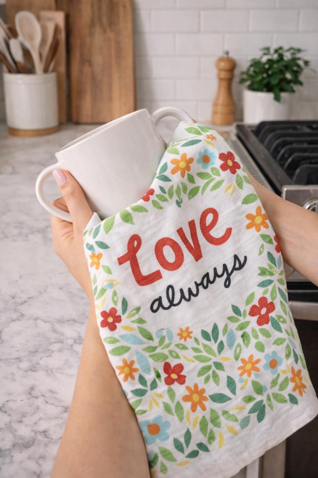 Love Always Floral Kitchen Towel, Cotton Linen Blend Hostess Gift