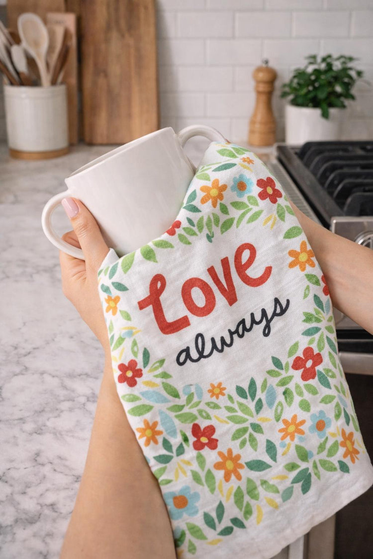 Love Always Floral Kitchen Towel, Cotton Linen Blend Hostess Gift