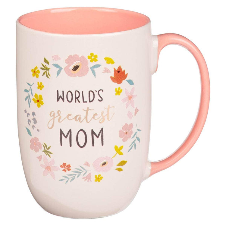 World's Greatest Mom Mug: Floral Wreath, Pink Interior (15 oz)