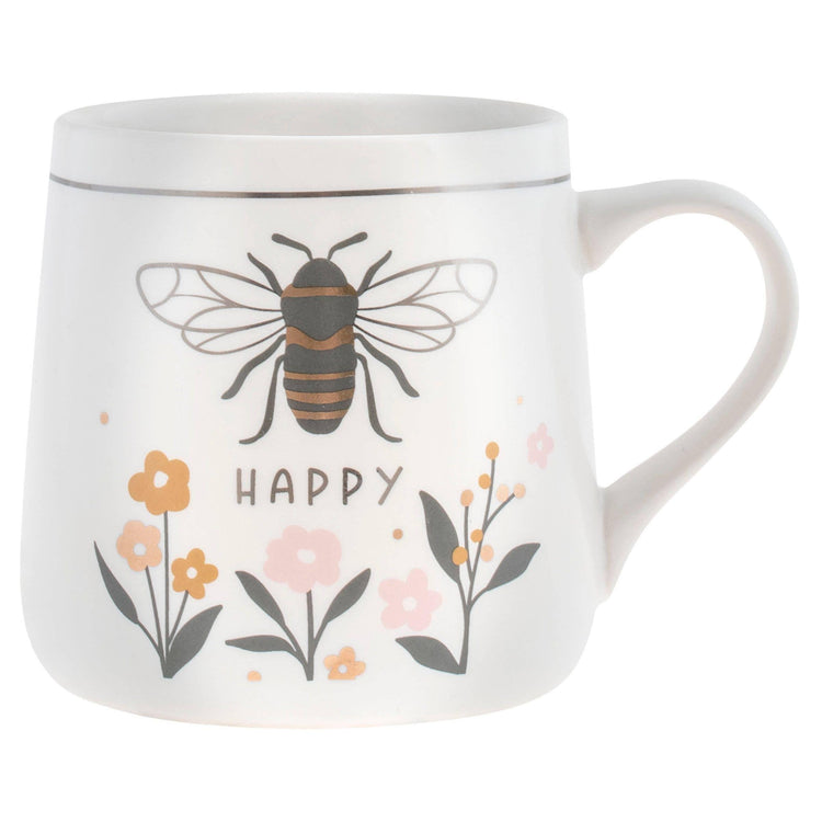 Bee Happy Floral Mug, New Bone China Drinkware, Whimsical Animal Design