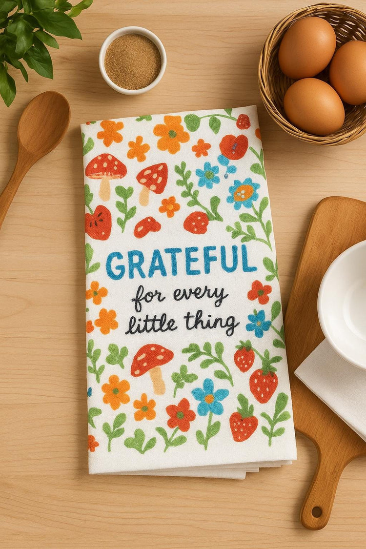 Grateful Kitchen Towel, Floral Mushroom Dish Towel, Inspirational Quote Home Decor, Colorful Botanical Gift