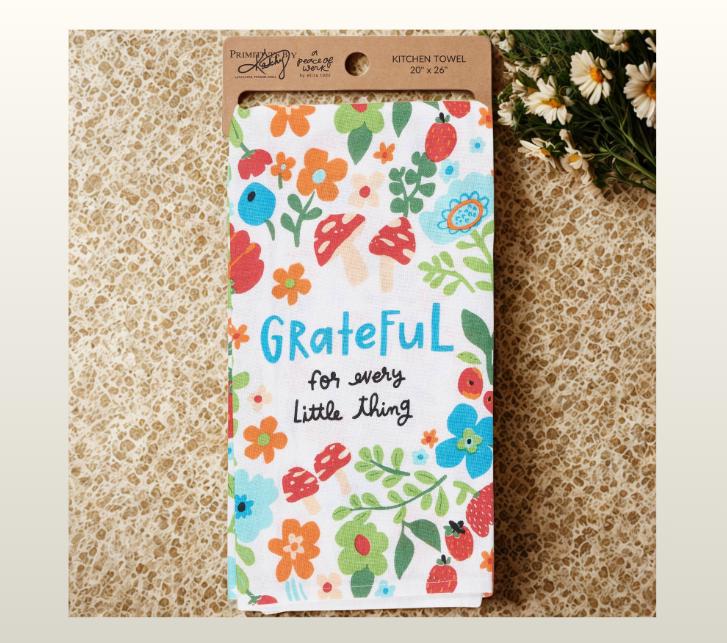 Grateful Kitchen Towel, Floral Mushroom Dish Towel, Inspirational Quote Home Decor, Colorful Botanical Gift