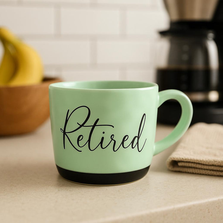 Retired Ceramic Mug, Mint Green Script, 15oz Stoneware, Dishwasher Safe