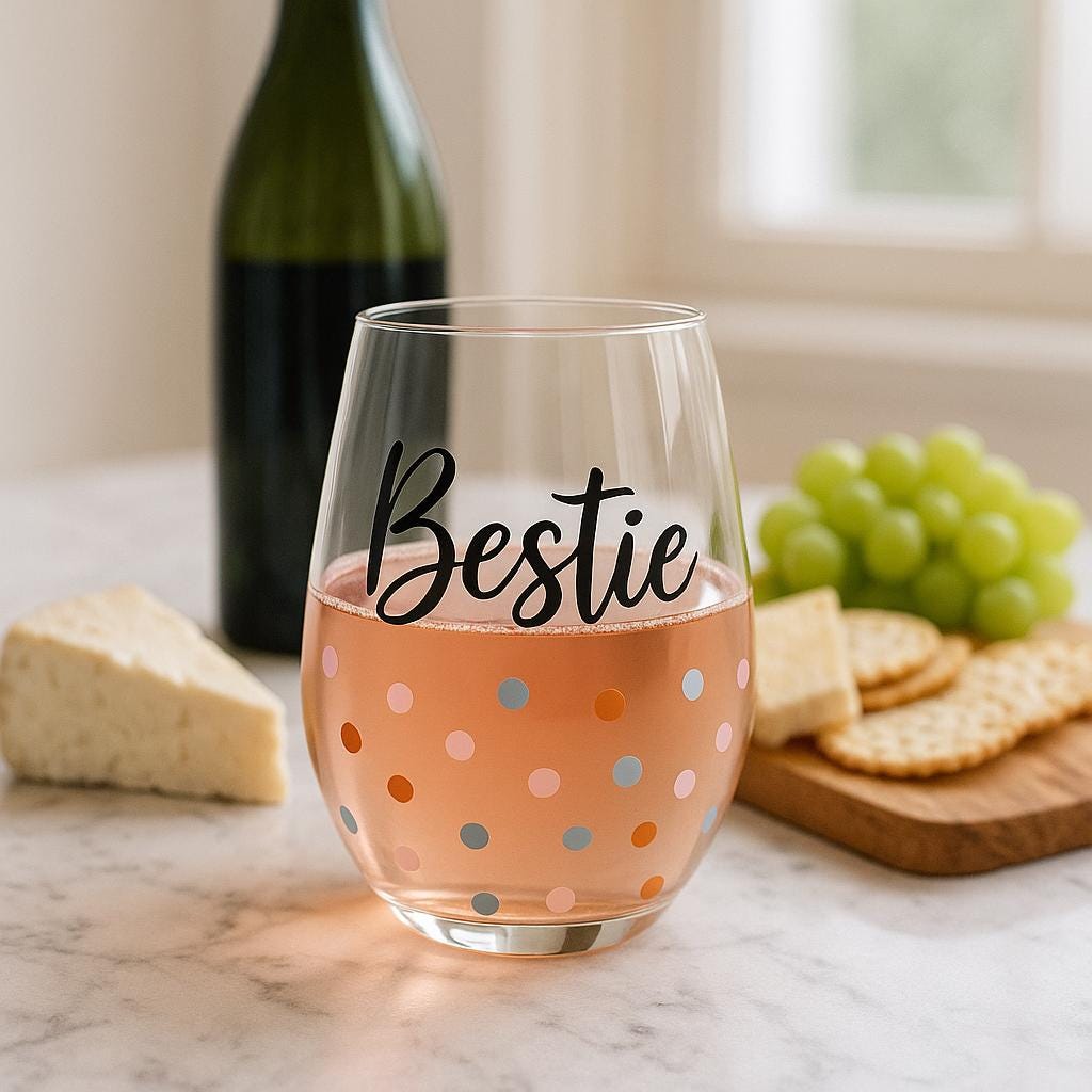 Bestie Stemless Wine Glass, Pastel Polka Dot Design, Friendship Gift