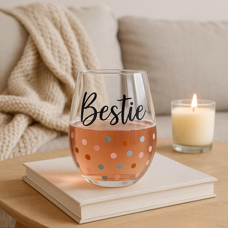 Bestie Stemless Wine Glass, Pastel Polka Dot Design, Friendship Gift