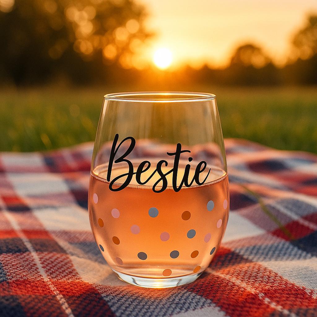Bestie Stemless Wine Glass, Pastel Polka Dot Design, Friendship Gift