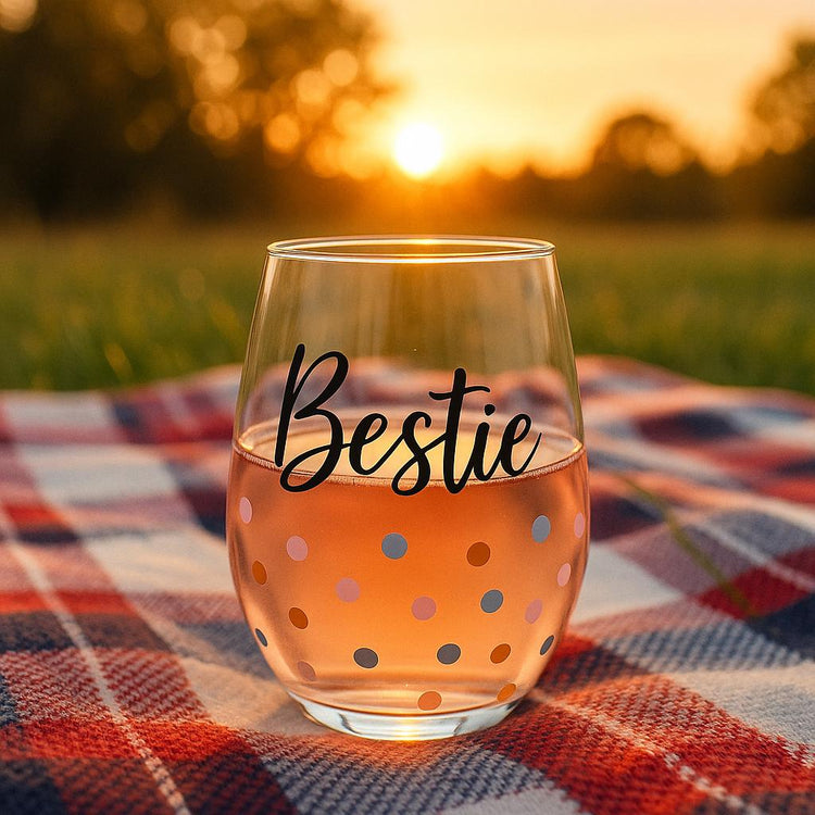 Bestie Stemless Wine Glass, Pastel Polka Dot Design, Friendship Gift