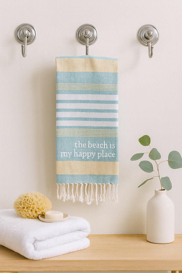 Embroidered Beach Happy Place Kitchen Towel, Striped Cotton Dish Towel
