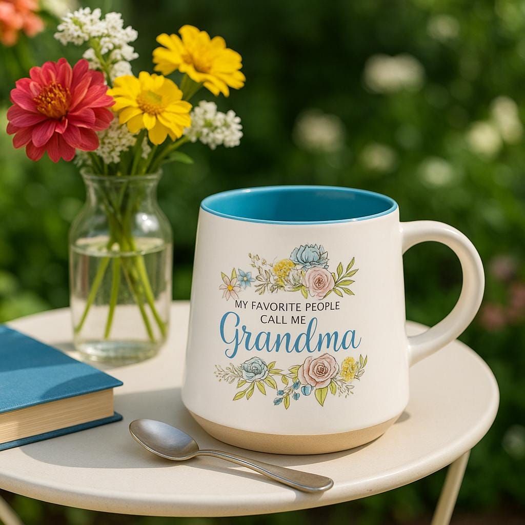 Floral Grandma Mug, Teal Interior, Pastel Flowers, Gift for Grandmother