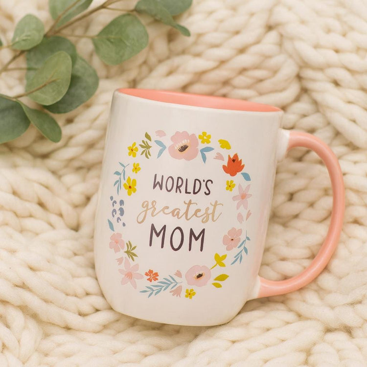 World's Greatest Mom Mug: Floral Wreath, Pink Interior (15 oz)