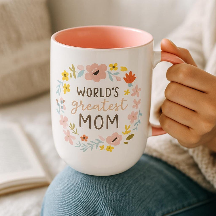 World's Greatest Mom Mug: Floral Wreath, Pink Interior (15 oz)