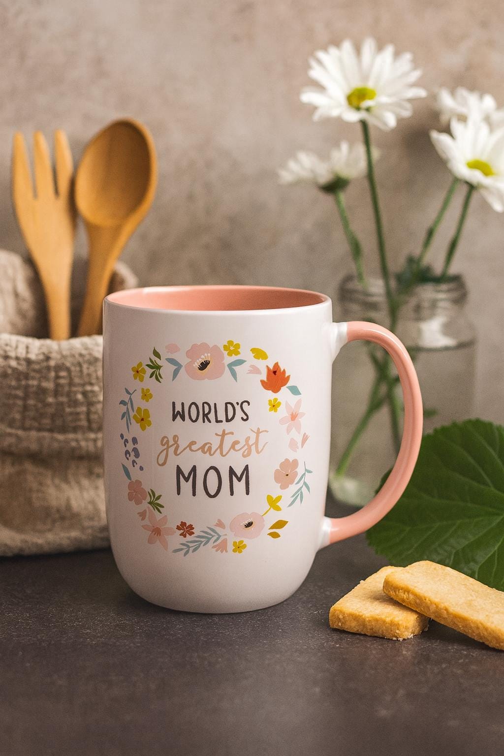 World's Greatest Mom Mug: Floral Wreath, Pink Interior (15 oz)