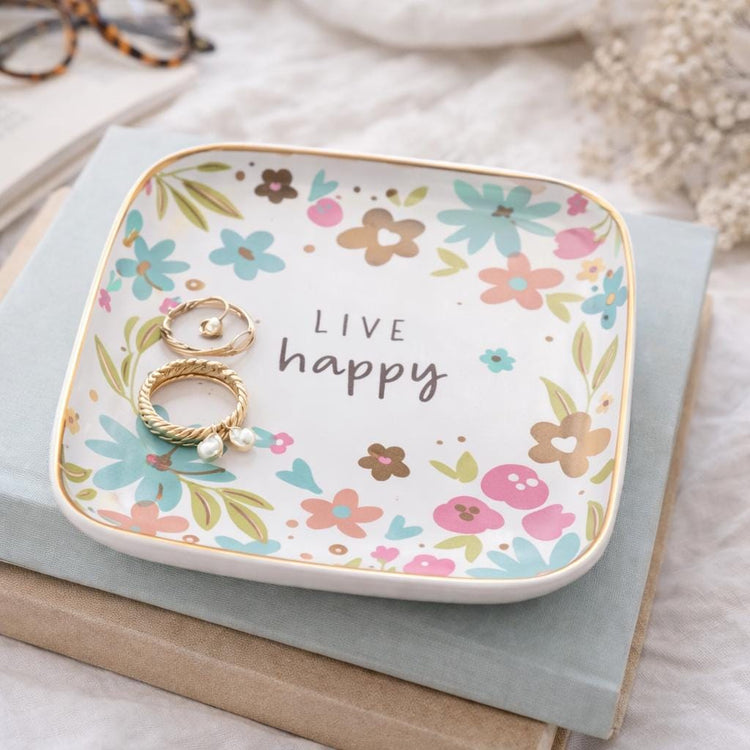 Ceramic Trinket Tray, Floral Design, Live Happy Quote, Jewelry Holder