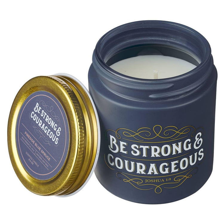 Navy Glass Candle, Fireside Blue Spruce Scent, Joshua 1:9 Scripture, Encouragement Decor