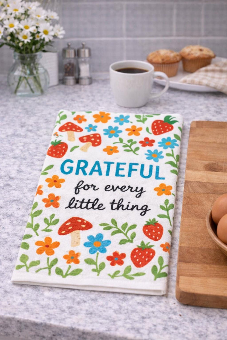 Grateful Kitchen Towel, Floral Mushroom Dish Towel, Inspirational Quote Home Decor, Colorful Botanical Gift