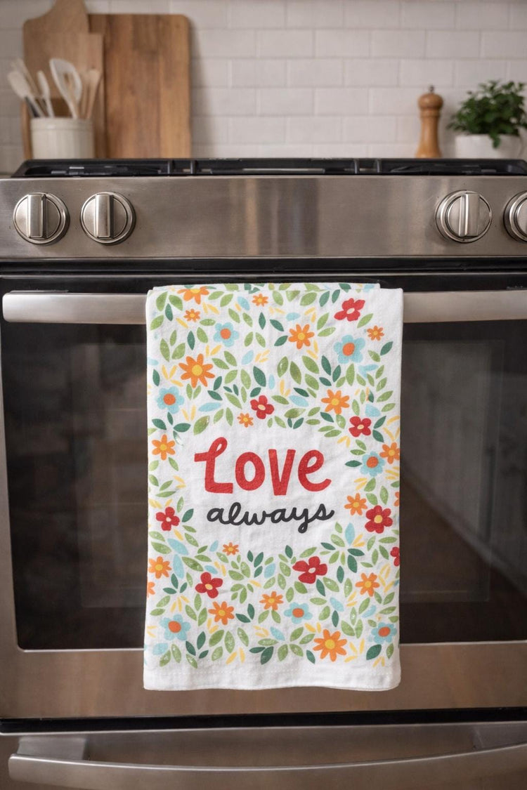 Love Always Floral Kitchen Towel, Cotton Linen Blend Hostess Gift
