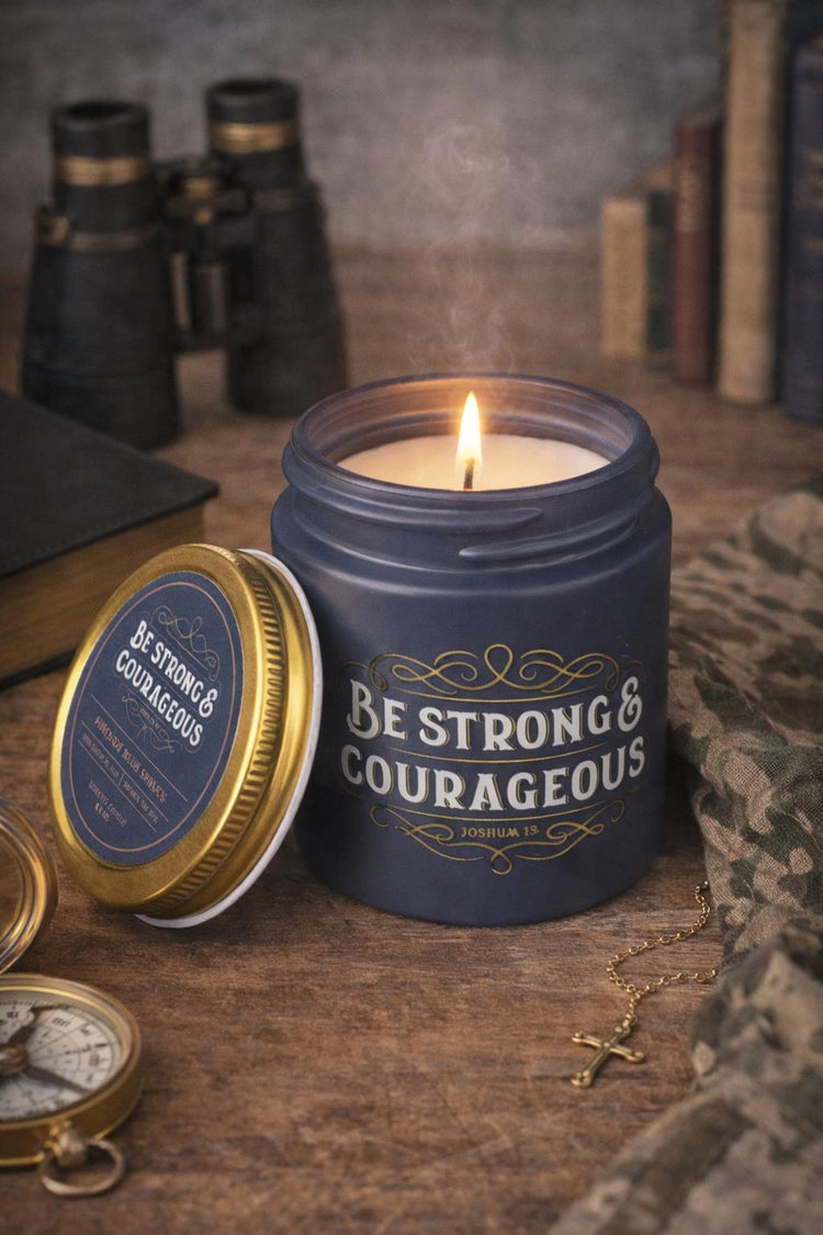 Navy Glass Candle, Fireside Blue Spruce Scent, Joshua 1:9 Scripture, Encouragement Decor