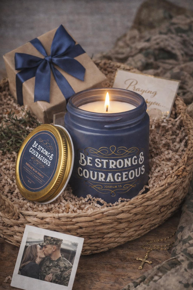 Navy Glass Candle, Fireside Blue Spruce Scent, Joshua 1:9 Scripture, Encouragement Decor