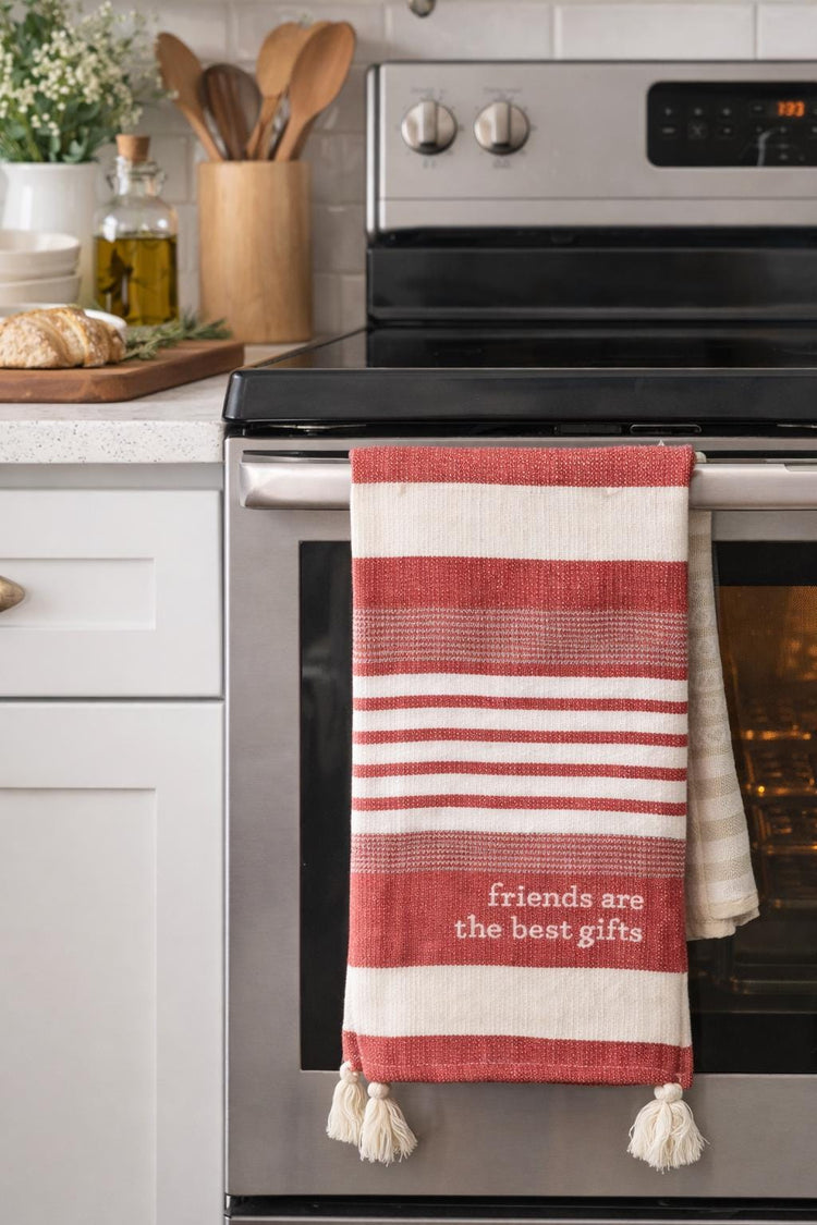 Embroidered Cotton Kitchen Towel, Friends Are The Gifts, Tassel Accents