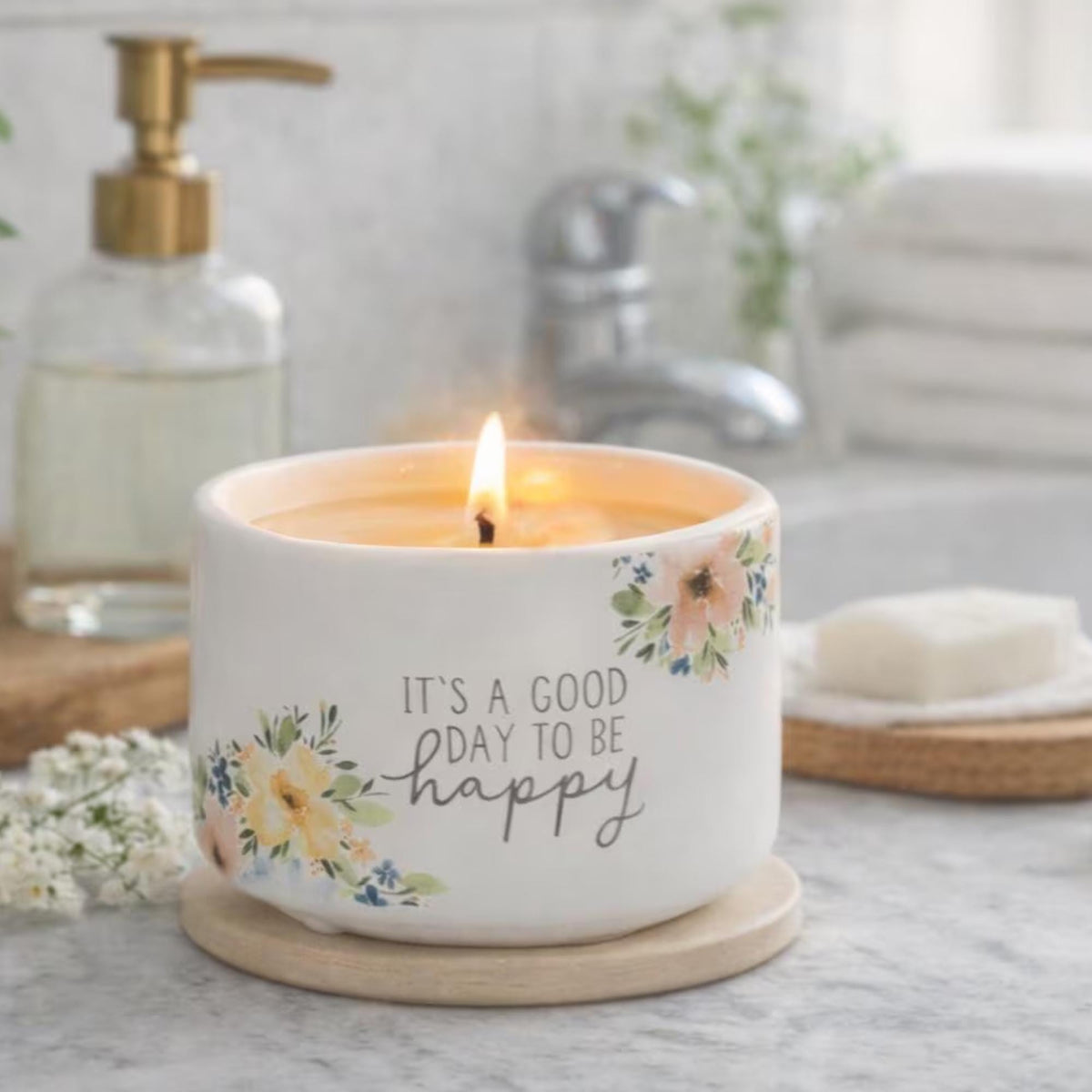 Floral Ceramic Candle, Happy Reveal, Positive Affirmation, Gift for Her, Choose Joy