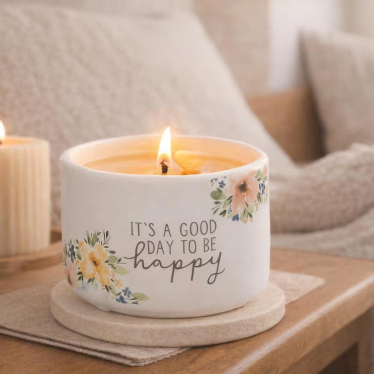 Floral Ceramic Candle, Happy Reveal, Positive Affirmation, Gift for Her, Choose Joy