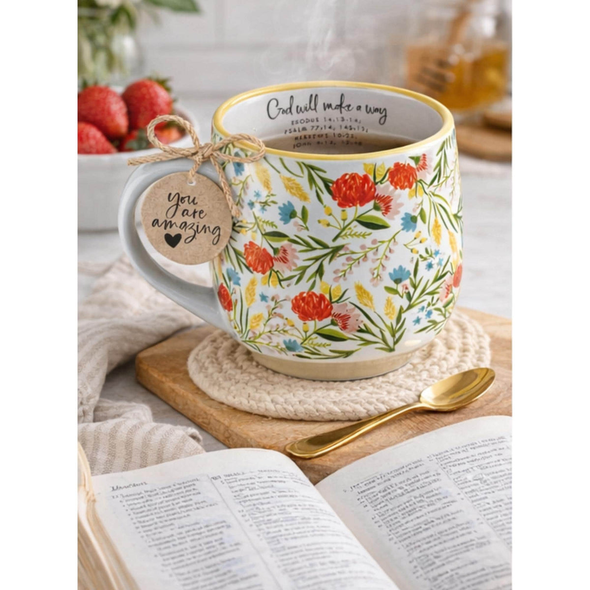 Floral Ceramic Mug, Encouraging Quote, Christian Coffee Cup